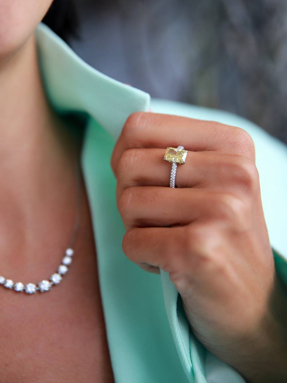 Canary Radiant Solitaire & Riviera Diamond Collar delivered to client in High Jewelry Collector